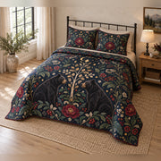 Midnight Jewel Black Bear Folk Garden Quilt Set, angled bedroom view
