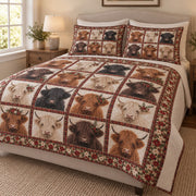 Highland Cow Christmas Plaid Quilt Set: angled bedroom view showing the quilt artwork and coordinating shams