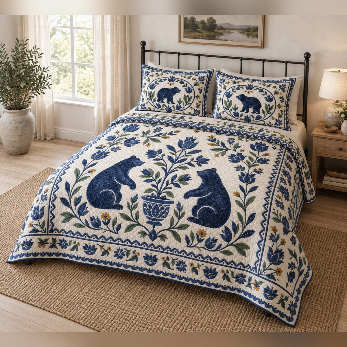 Cobalt Pottery Black Bear Folk Garden Quilt Set, angled bedroom view