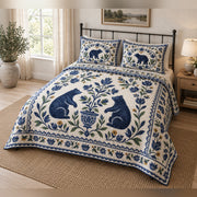 Cobalt Pottery Black Bear Folk Garden Quilt Set, angled bedroom view