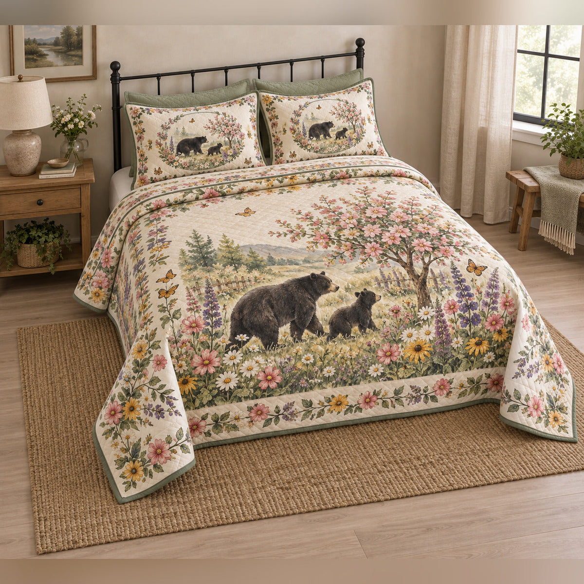 Cottage Wildflower Black Bear Garden Quilt Set, angled bedroom view