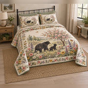 Cottage Wildflower Black Bear Garden Quilt Set, angled bedroom view