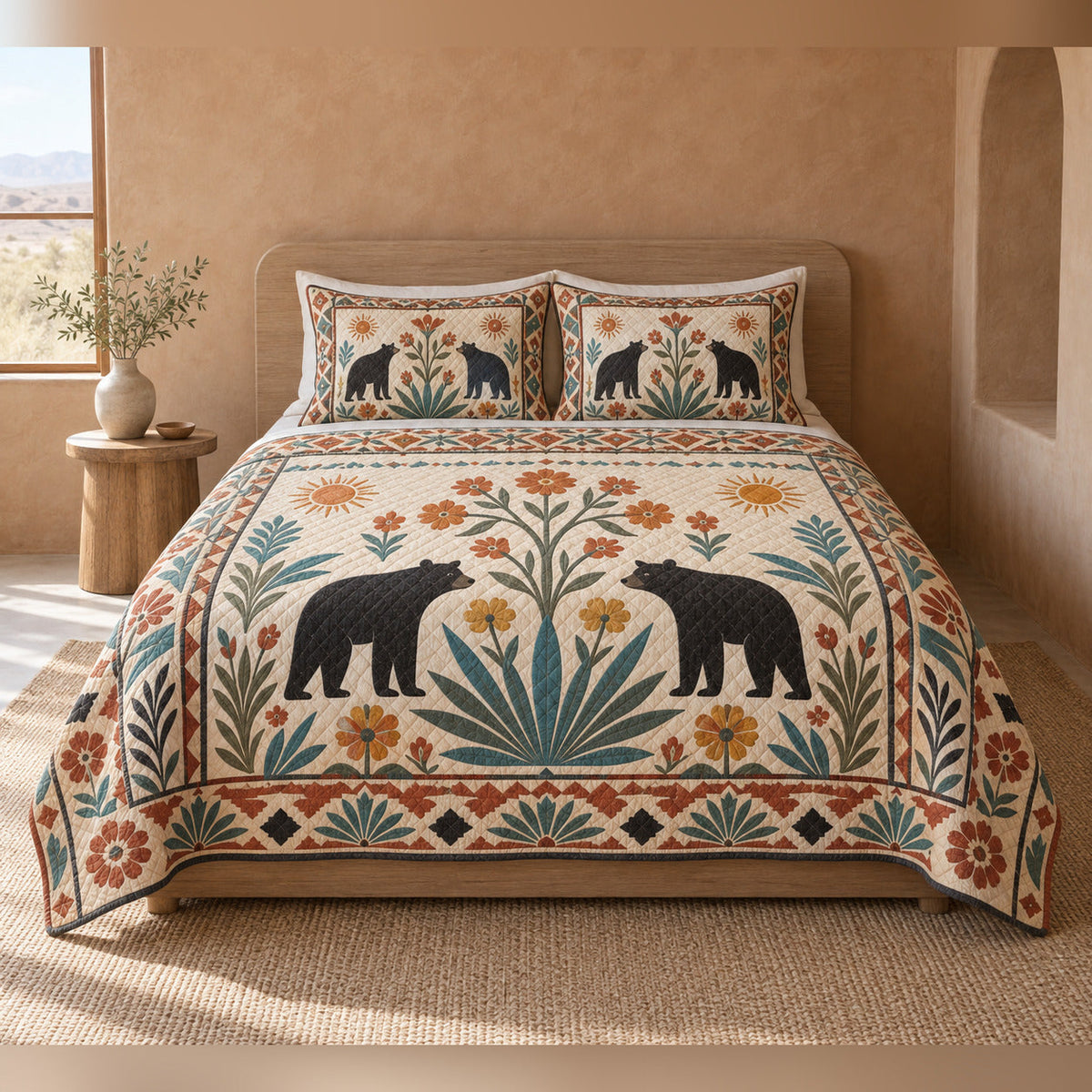 Desert Folk Garden Black Bear Quilt Set, front bedroom view