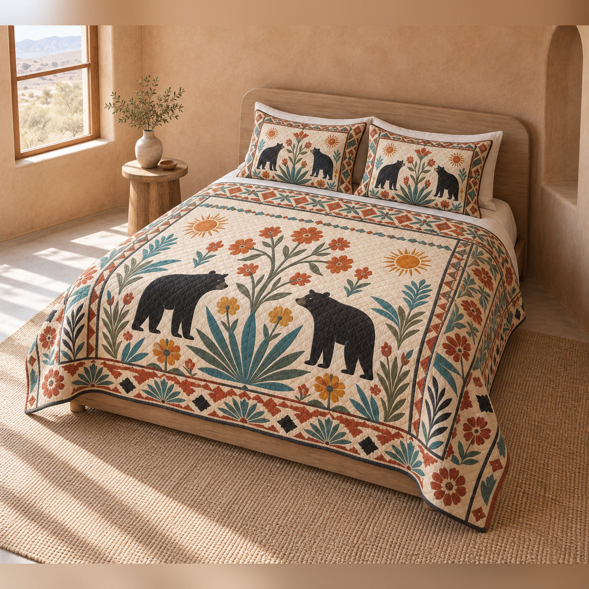Desert Folk Garden Black Bear Quilt Set, angled bedroom view