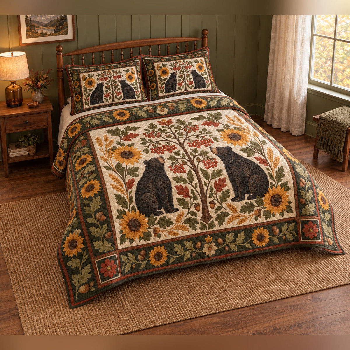 Harvest Sunflower Black Bear Folk Garden Quilt Set, angled bedroom view