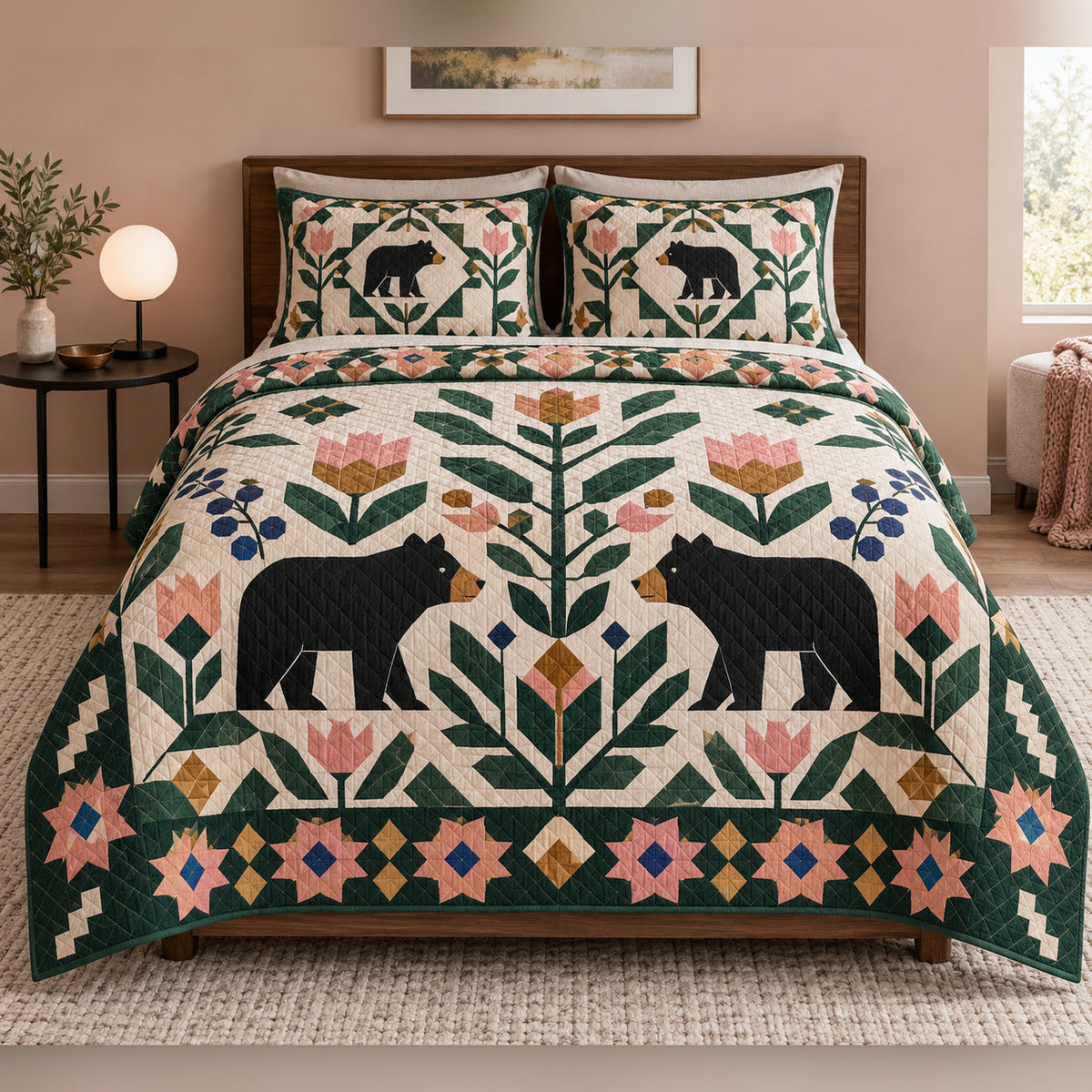 Modern Mosaic Black Bear Folk Garden Quilt Set, front bedroom view