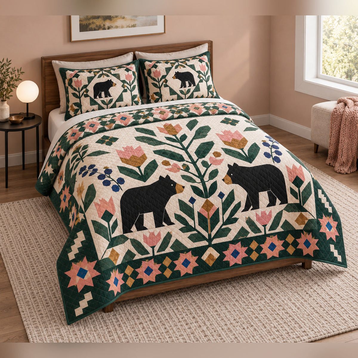 Modern Mosaic Black Bear Folk Garden Quilt Set, angled bedroom view