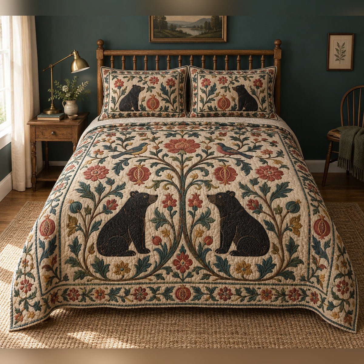 Crewel Garden Black Bear Sampler Quilt Set, front bedroom view