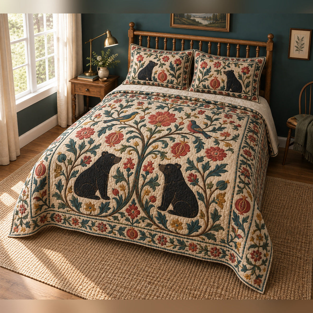 Crewel Garden Black Bear Sampler Quilt Set, angled bedroom view