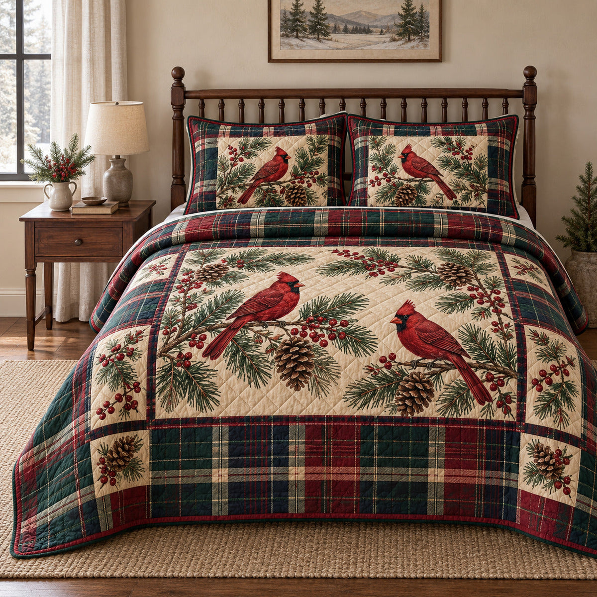 Cardinal Pine Plaid Christmas Quilt Set, front bedroom view