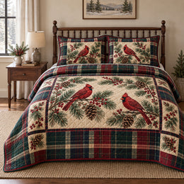 Cardinal Pine Plaid Christmas Quilt Set