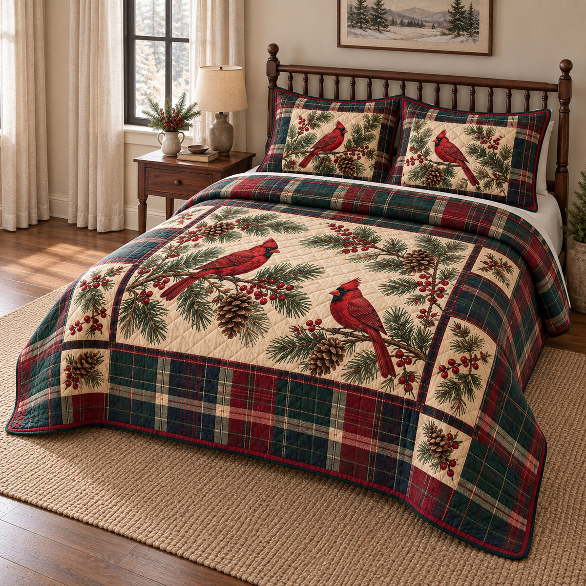 Cardinal Pine Plaid Christmas Quilt Set, angled bedroom view