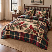 Cardinal Pine Plaid Christmas Quilt Set, angled bedroom view