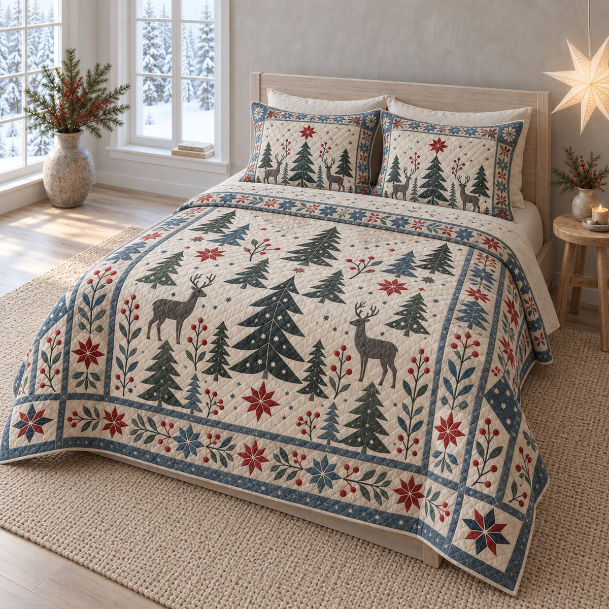 Nordic Christmas Forest Quilt Set, angled bedroom view