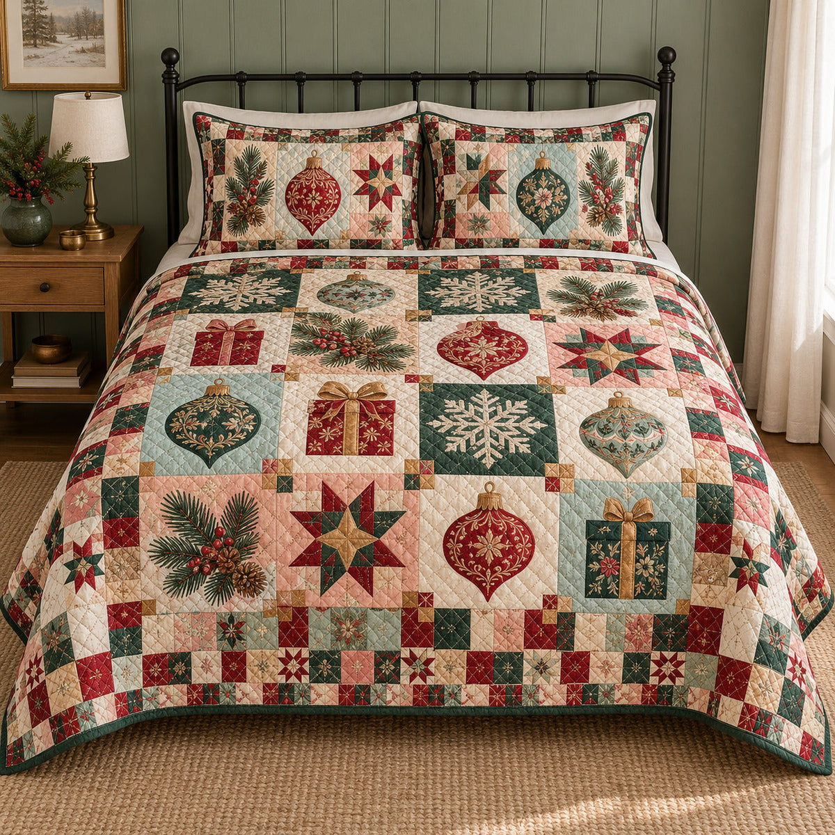 Heirloom Ornament Patchwork Christmas Quilt Set, front bedroom view