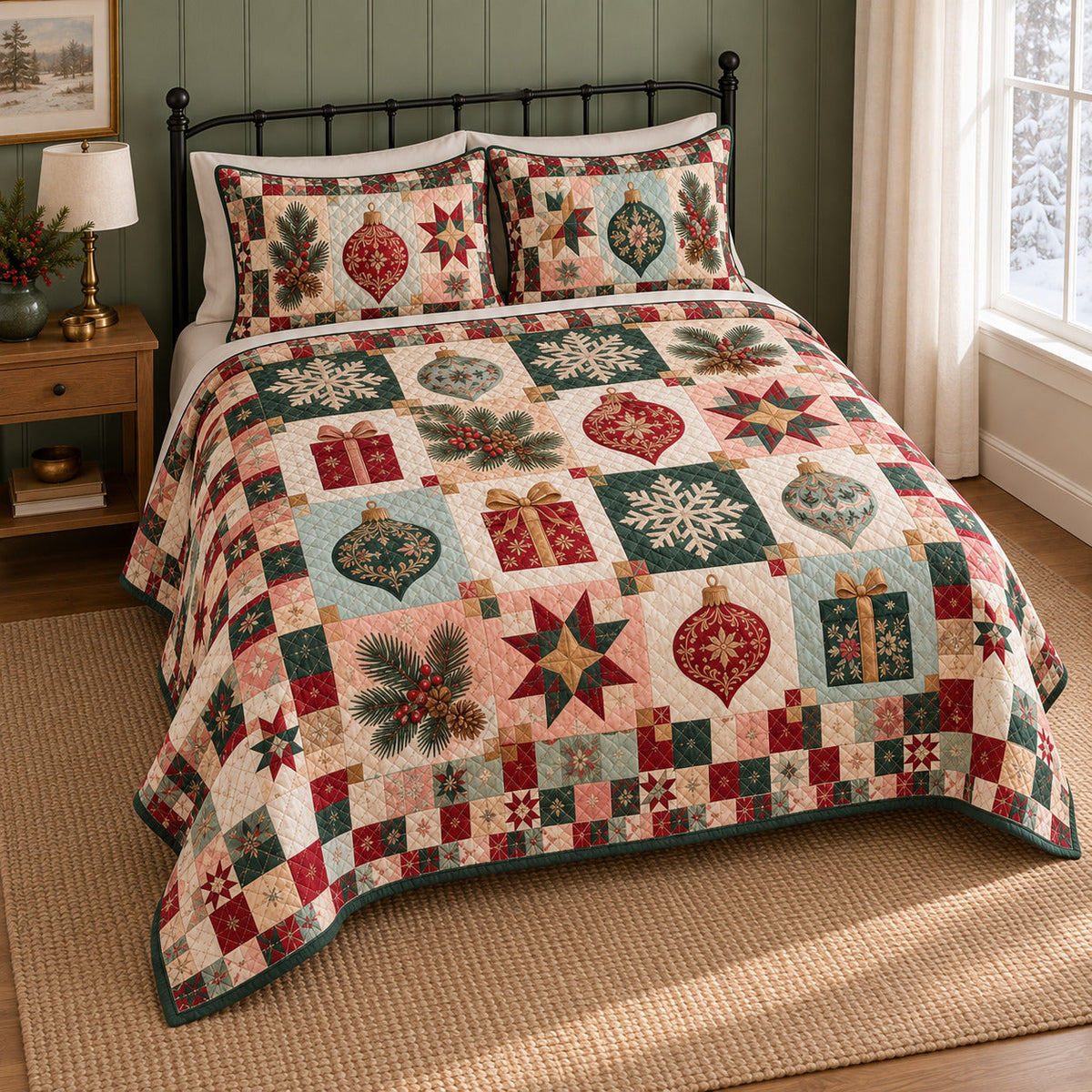Heirloom Ornament Patchwork Christmas Quilt Set, angled bedroom view