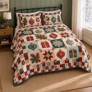 Heirloom Ornament Patchwork Christmas Quilt Set, angled bedroom view