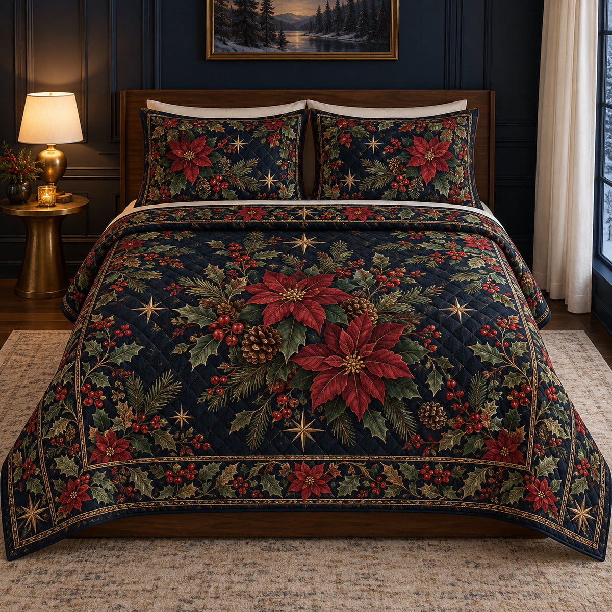 Midnight Botanical Christmas Quilt Set, front bedroom view