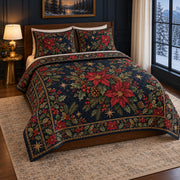 Midnight Botanical Christmas Quilt Set, angled bedroom view