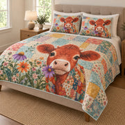 Cute Floral Highland Cow Quilt Set: angled bedroom view showing the quilt artwork and coordinating shams