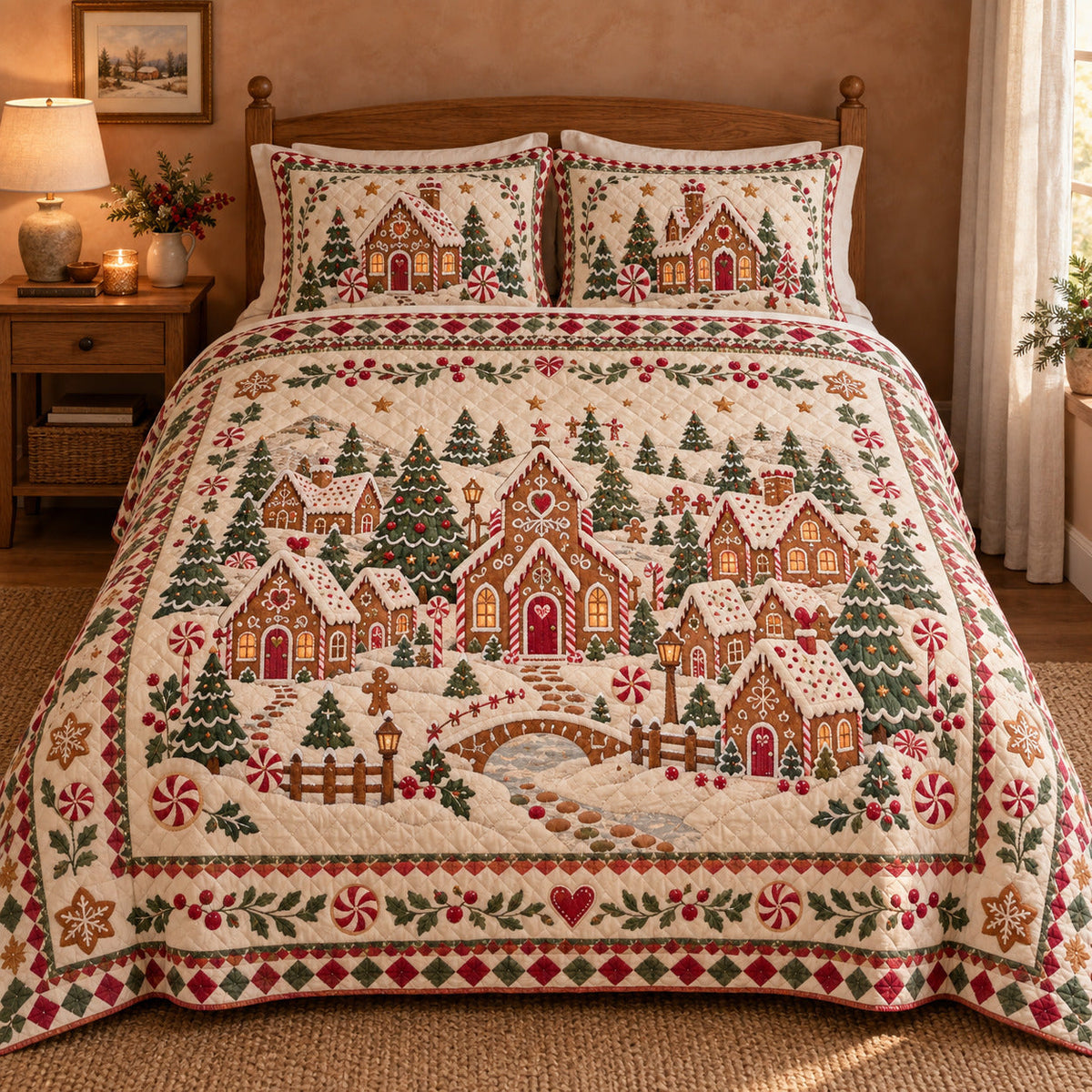 Gingerbread Folk Village Christmas Quilt Set, front bedroom view
