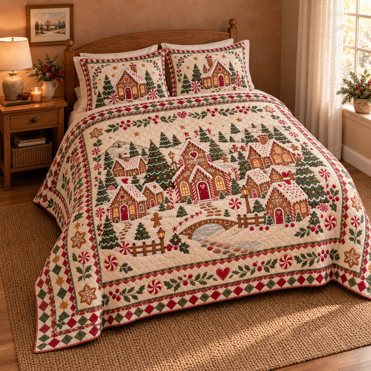 Gingerbread Folk Village Christmas Quilt Set, angled bedroom view