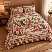Gingerbread Folk Village Christmas Quilt Set, angled bedroom view