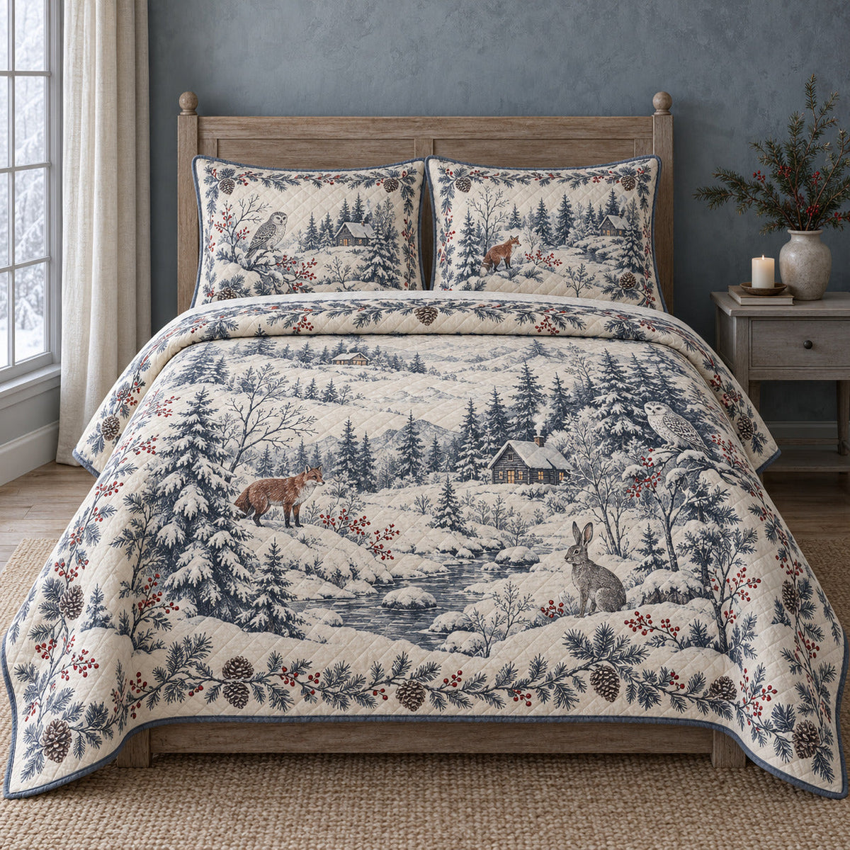 Winter Woodland Toile Christmas Quilt Set, front bedroom view
