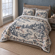 Winter Woodland Toile Christmas Quilt Set, angled bedroom view