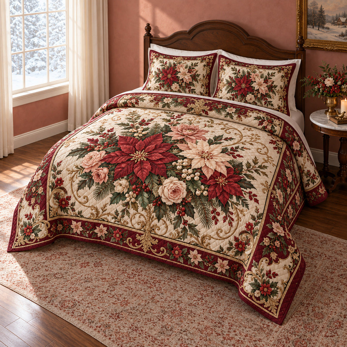 Victorian Poinsettia Garden Christmas Quilt Set, angled bedroom view