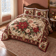 Victorian Poinsettia Garden Christmas Quilt Set, angled bedroom view