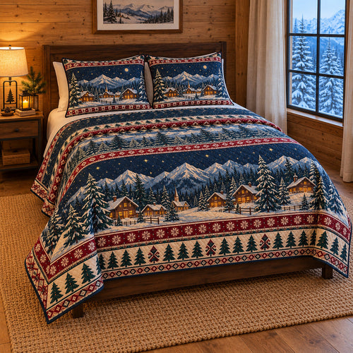 Alpine Chalet Christmas Quilt Set, angled bedroom view