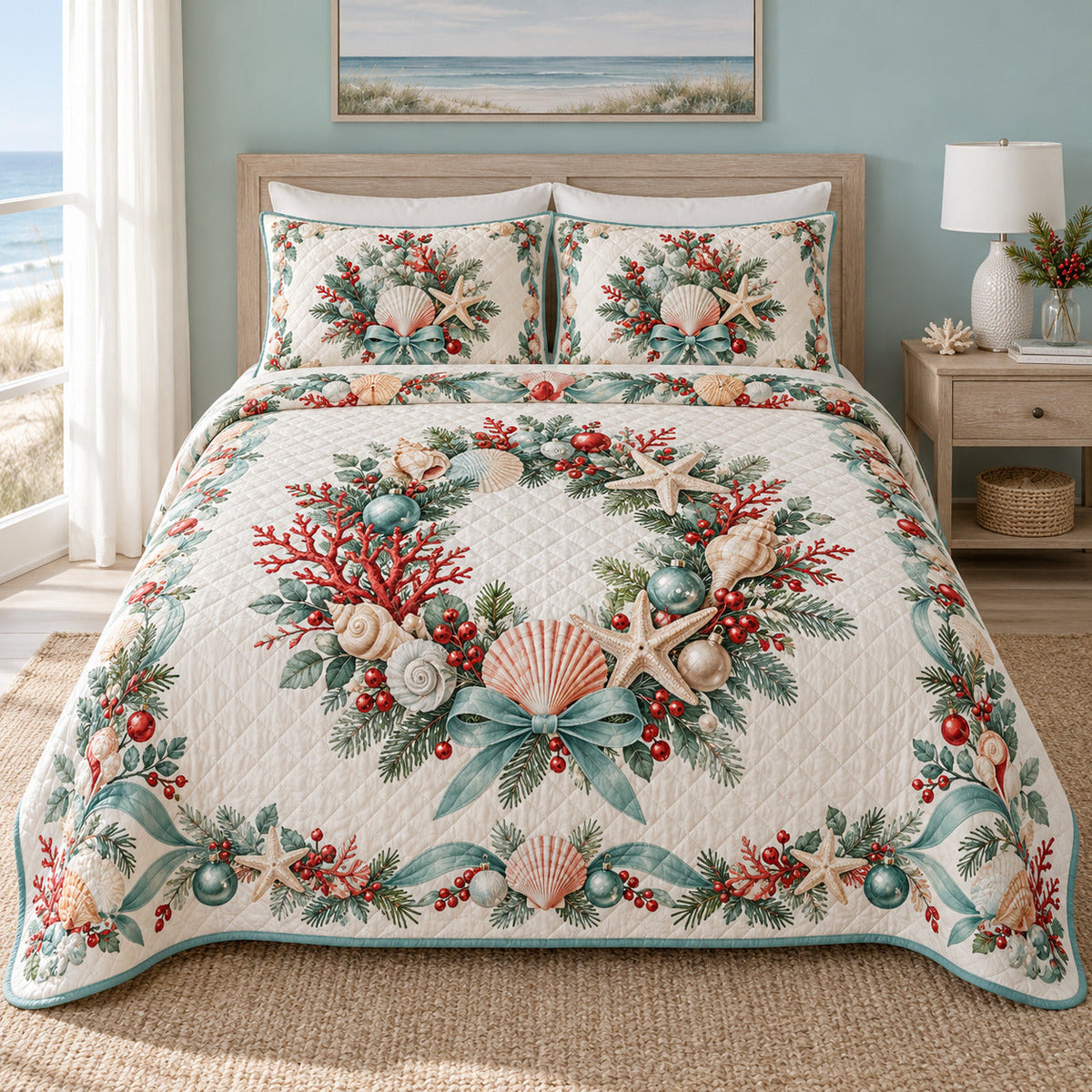 Coastal Christmas Garden Quilt Set, front bedroom view