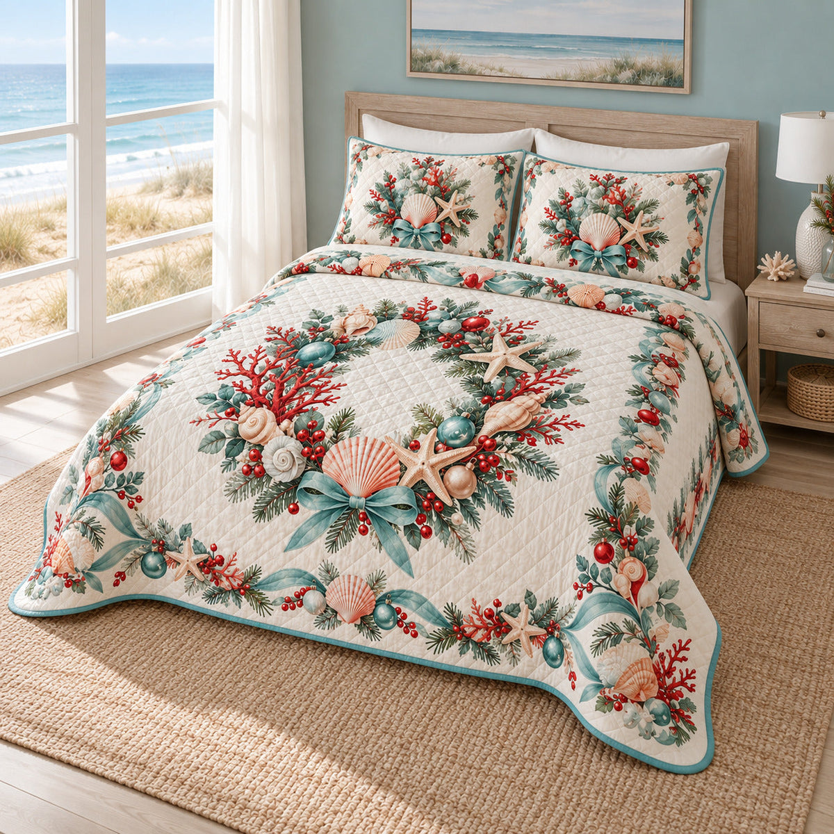 Coastal Christmas Garden Quilt Set, angled bedroom view