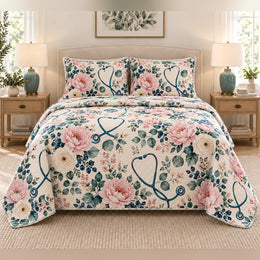 Floral Stethoscope Garden Nurse Quilt Set