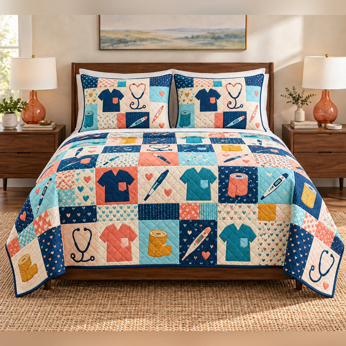 Scrub Pocket Patchwork Nurse Quilt Set, front bedroom view