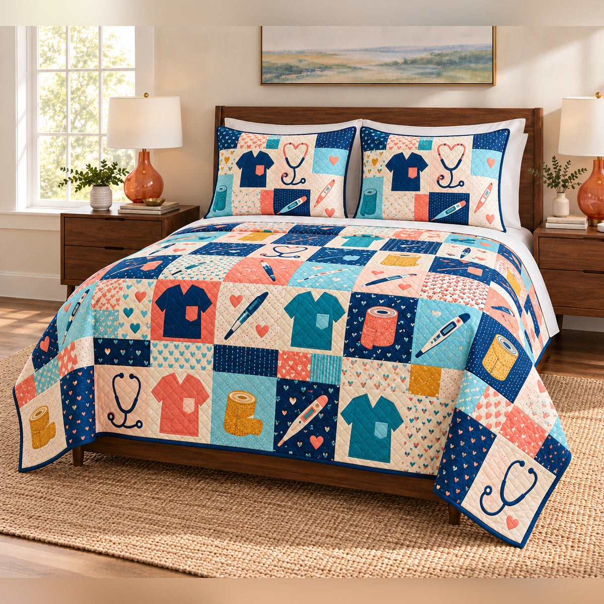 Scrub Pocket Patchwork Nurse Quilt Set, angled bedroom view