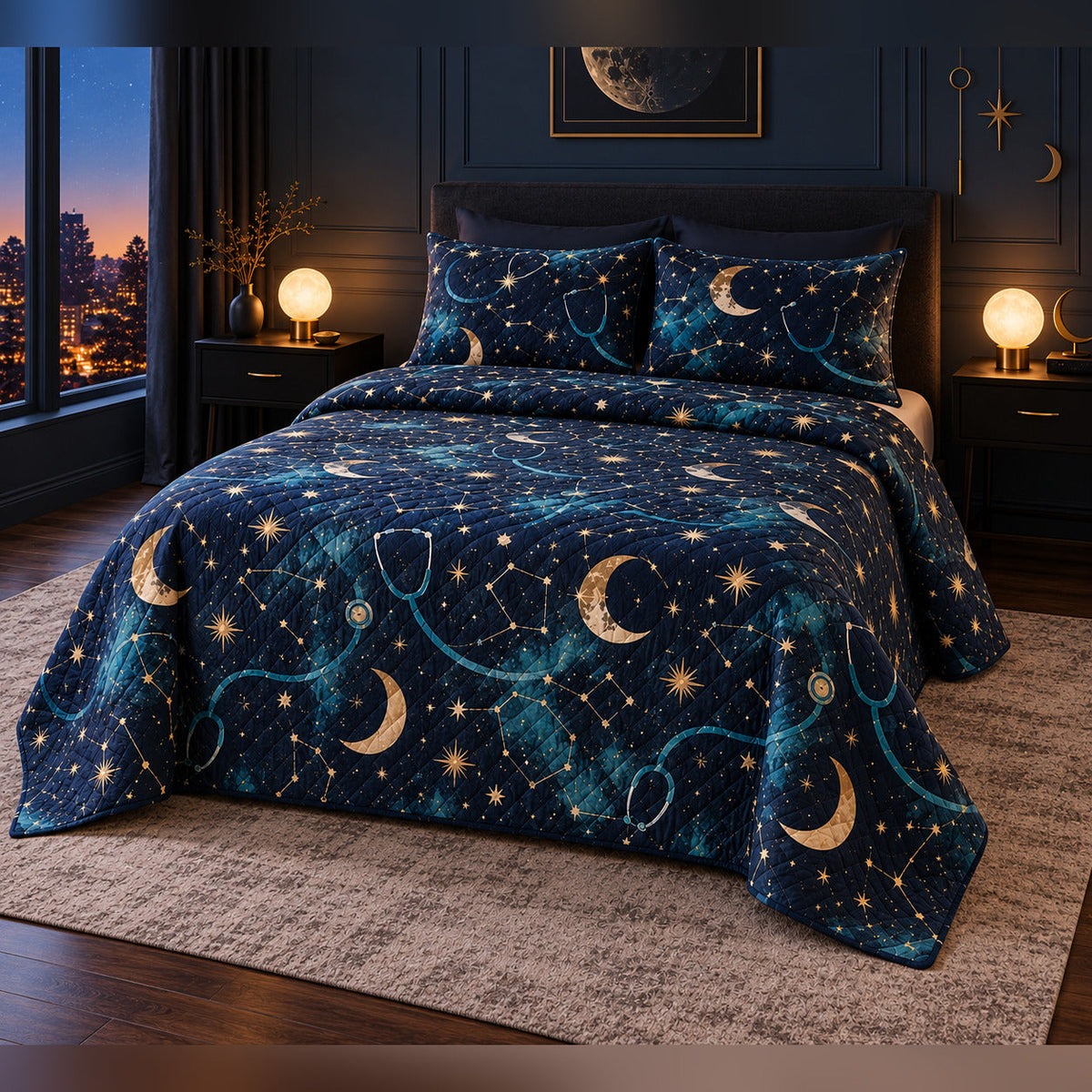 Night Shift Constellation Nurse Quilt Set, angled bedroom view