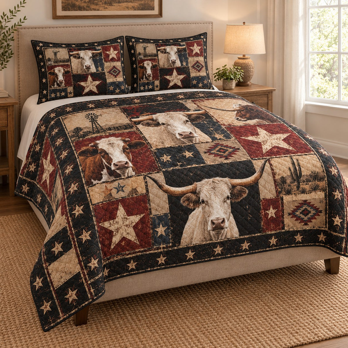 Western Longhorn Cow Rustic Quilt Set: angled bedroom view showing the quilt artwork and coordinating shams