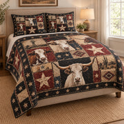 Western Longhorn Cow Rustic Quilt Set: angled bedroom view showing the quilt artwork and coordinating shams