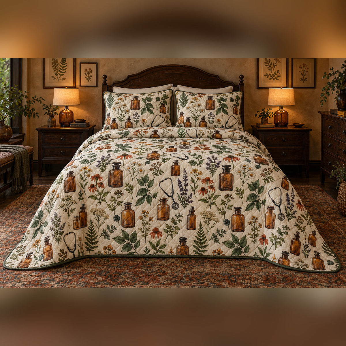 Vintage Apothecary Botanical Nurse Quilt Set, front bedroom view