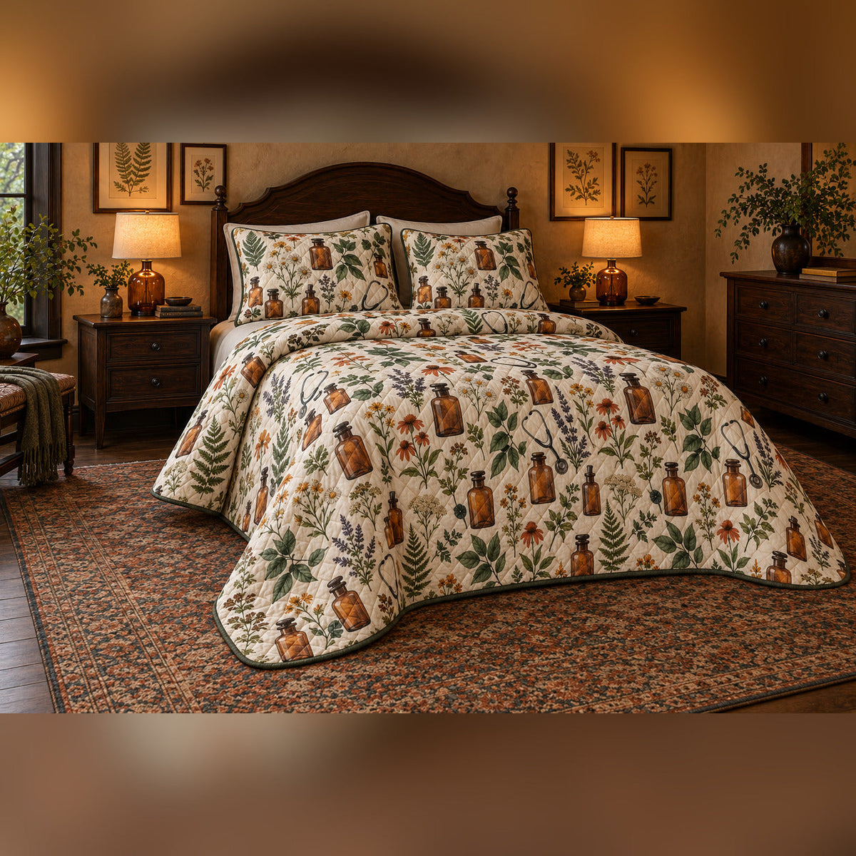 Vintage Apothecary Botanical Nurse Quilt Set, angled bedroom view