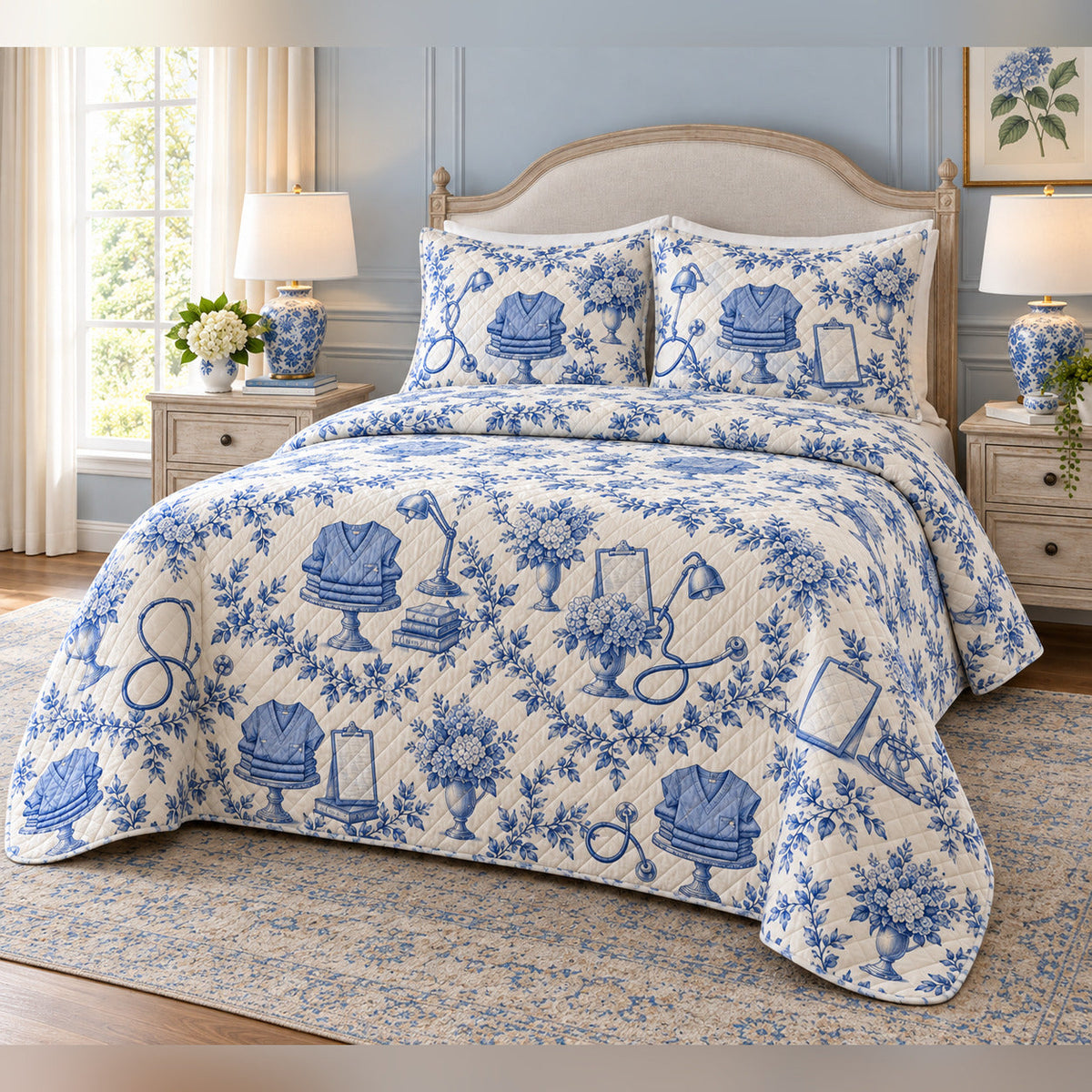 Nurse Garden Toile Quilt Set, angled bedroom view