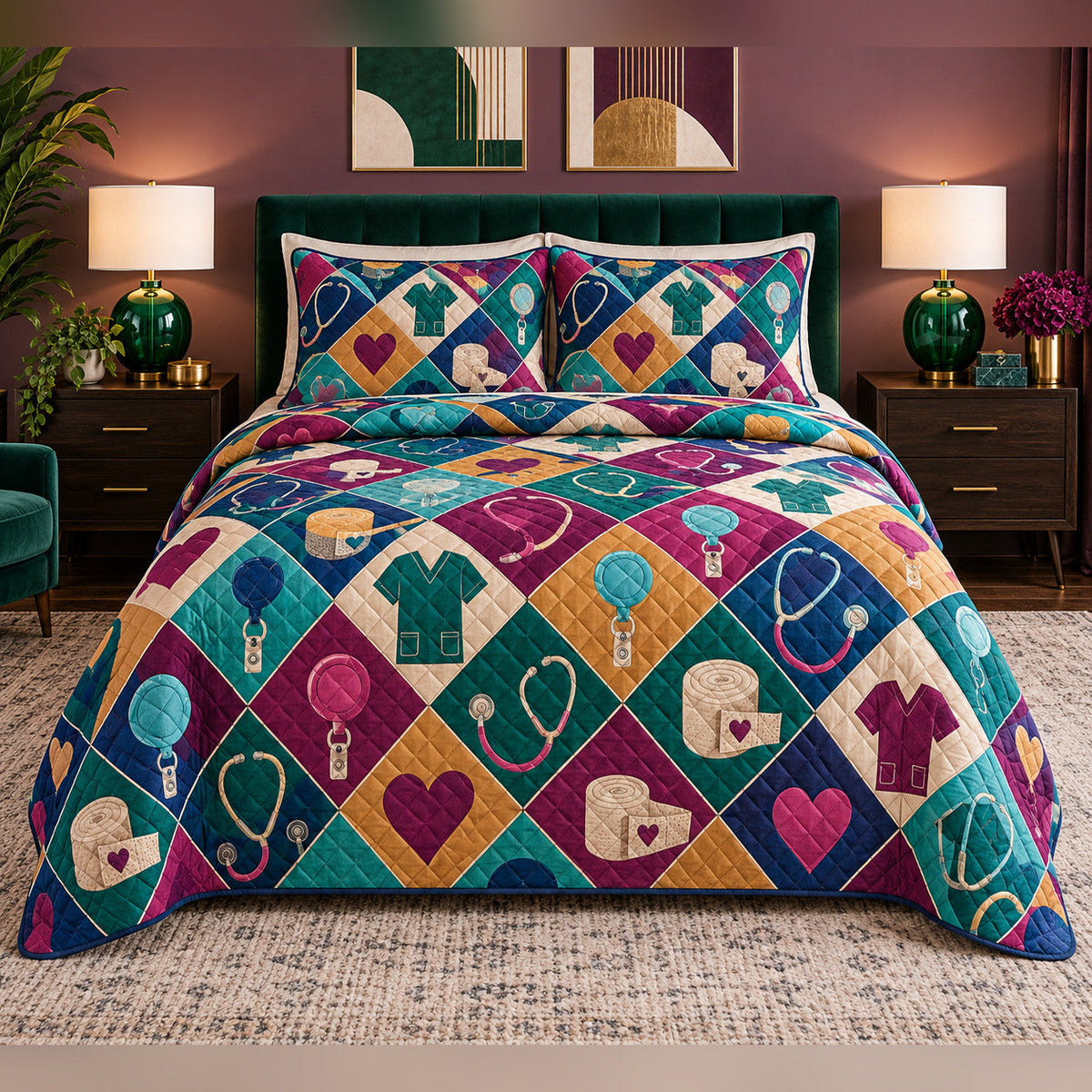 Colorful Badge Reel Mosaic Nurse Quilt Set, front bedroom view