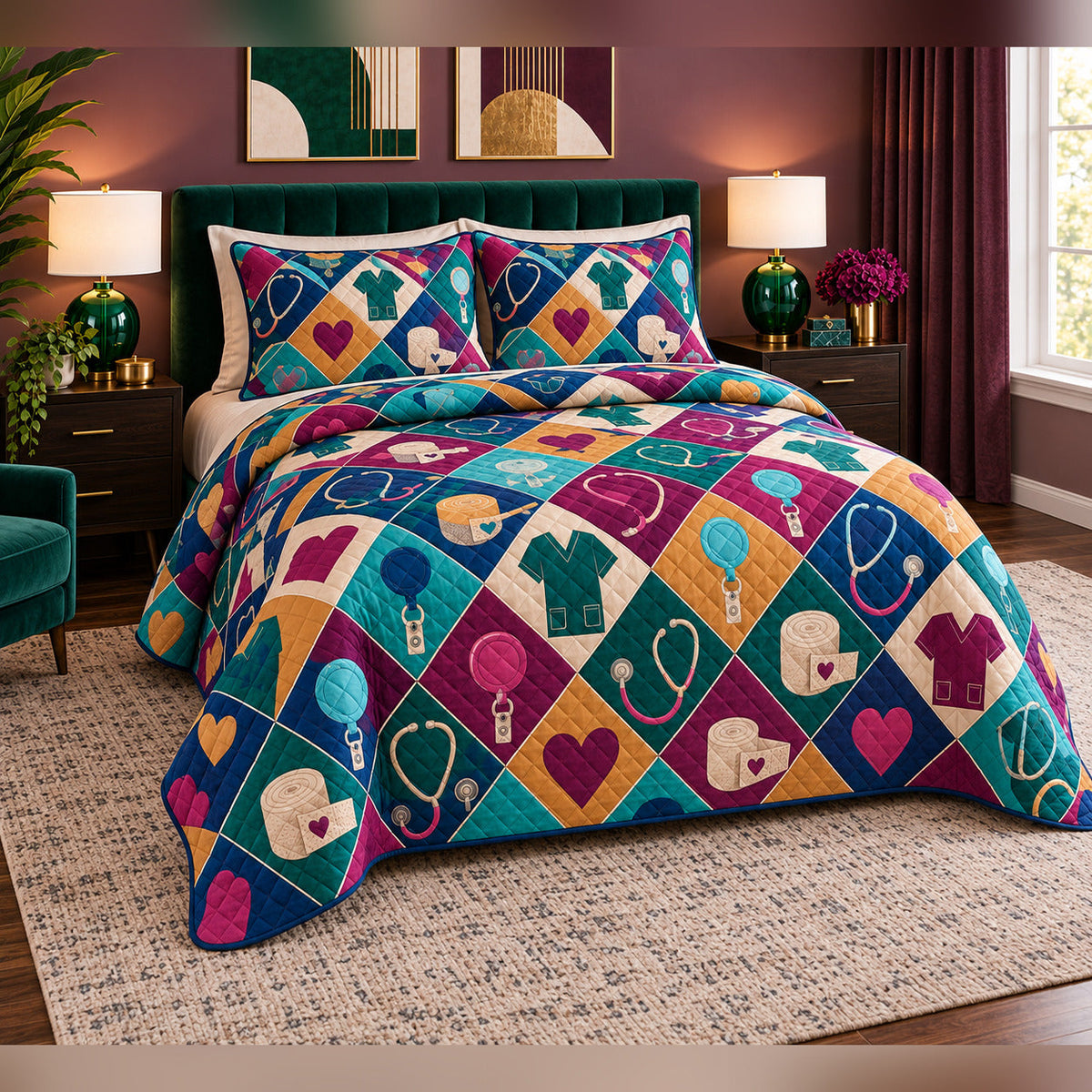 Colorful Badge Reel Mosaic Nurse Quilt Set, angled bedroom view