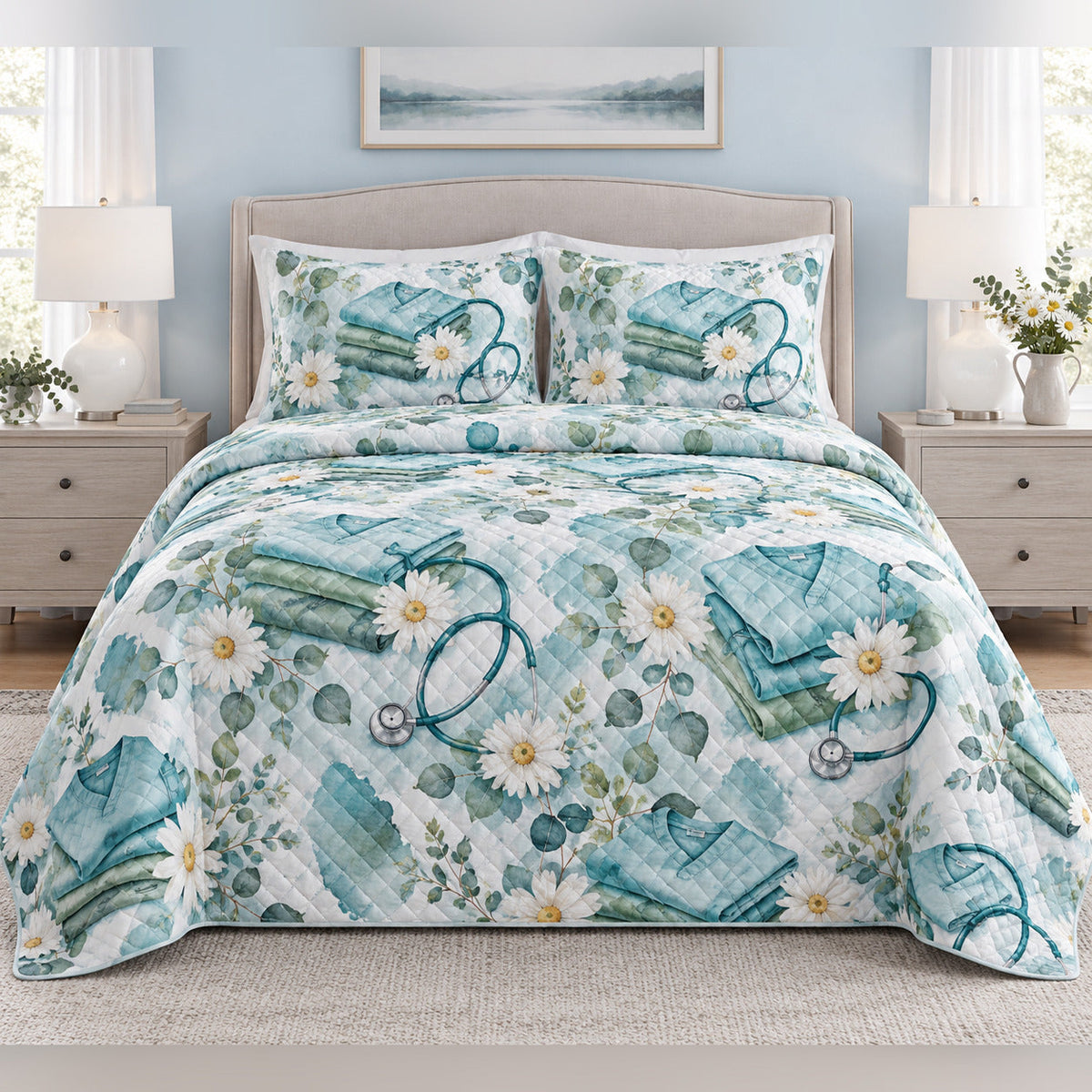 Calm Care Watercolor Nurse Quilt Set, front bedroom view