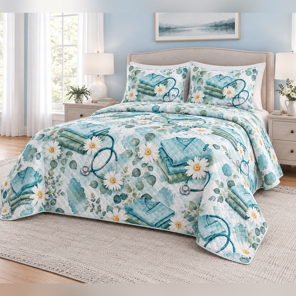 Calm Care Watercolor Nurse Quilt Set, angled bedroom view