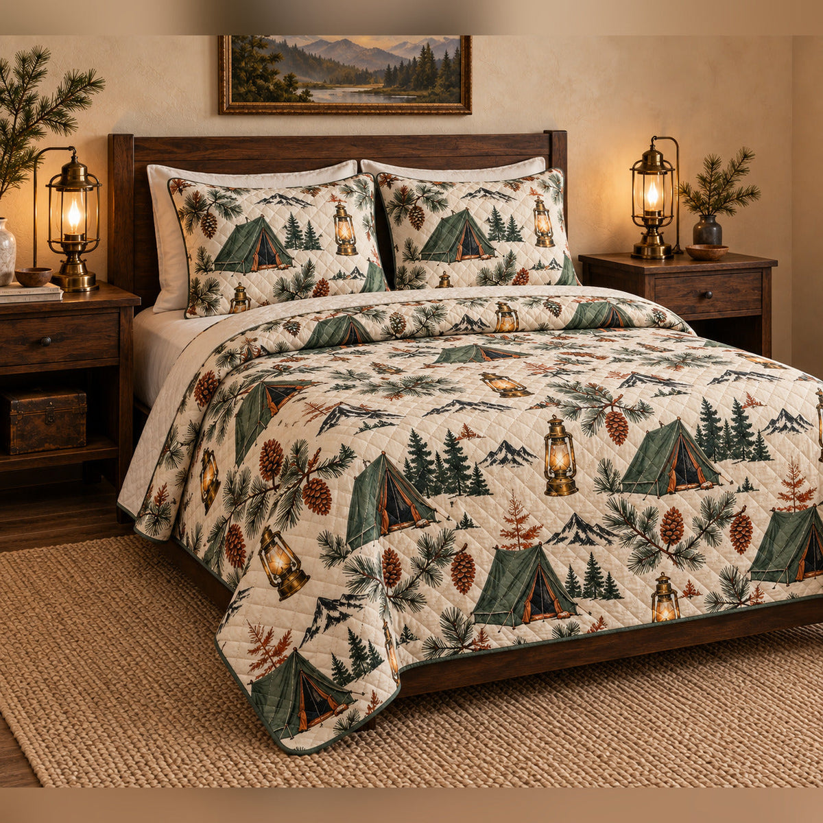 Lantern Pine Camp Quilt Set, angled bedroom view