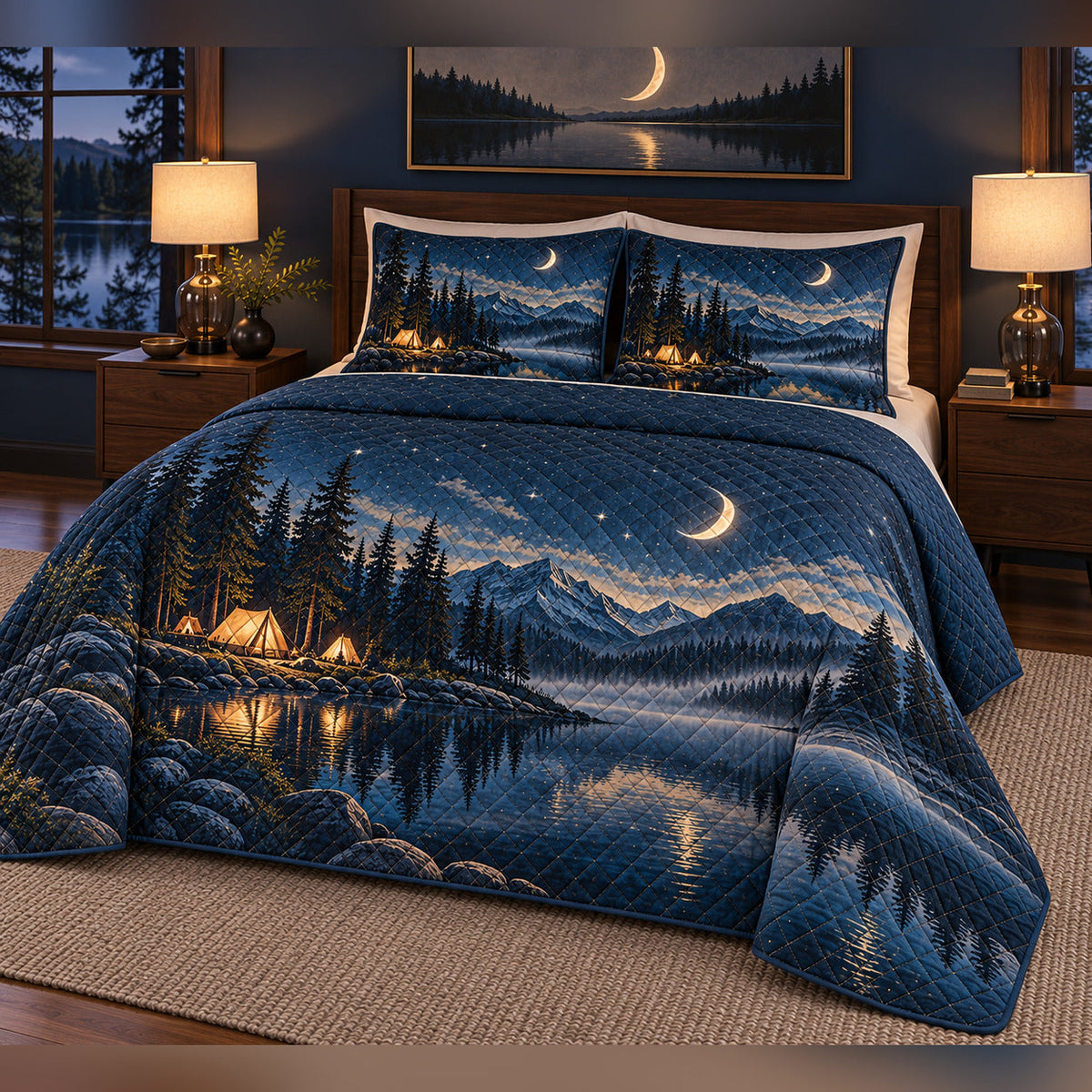 Moonlit Lakeside Tent Quilt Set, angled bedroom view