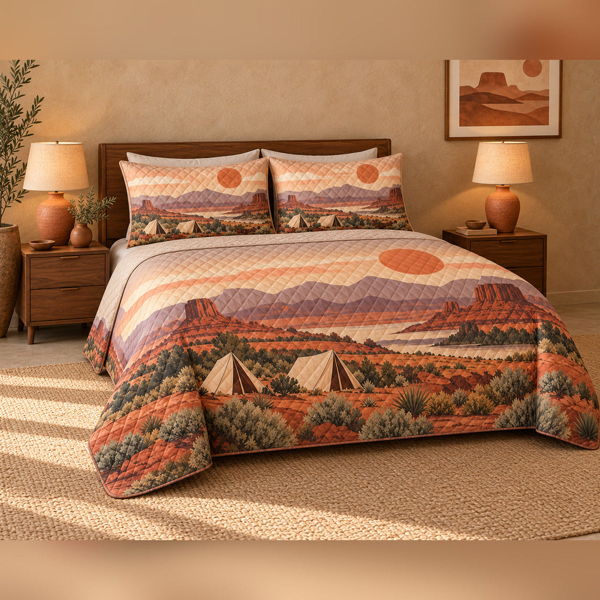 Desert Sunset Camp Quilt Set, angled bedroom view
